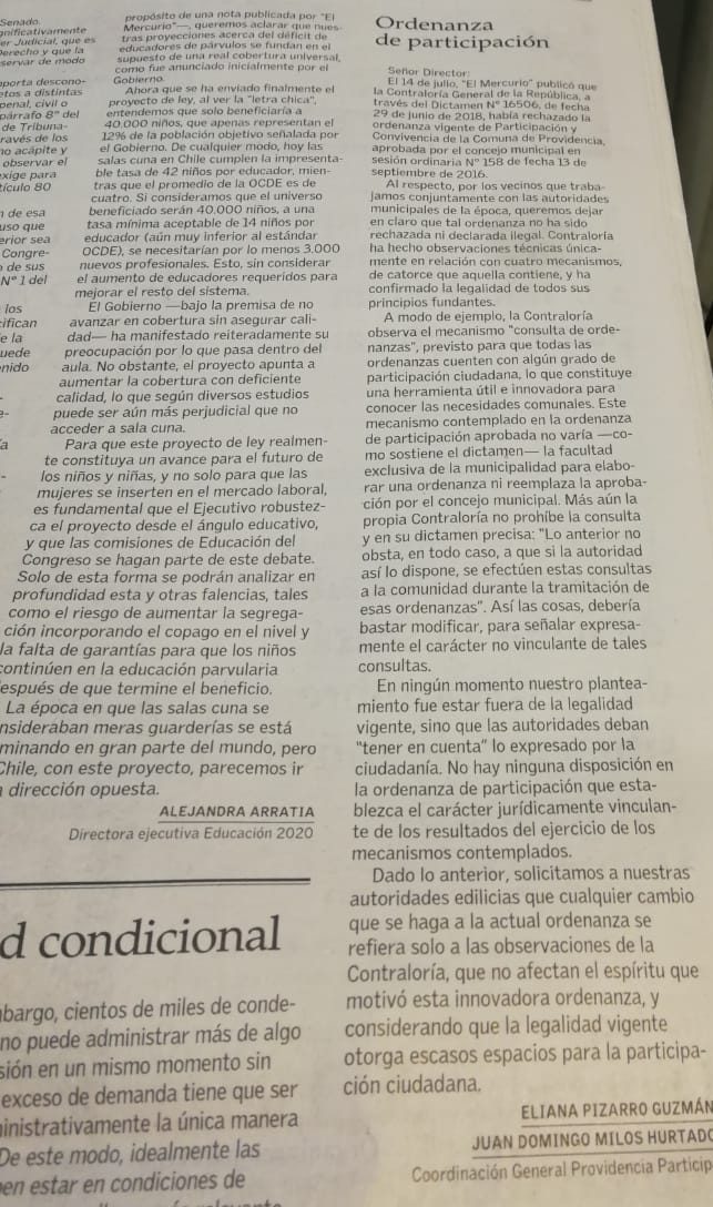 El Mercurio publica carta de Providencia Participa sobre ordenanza de participación